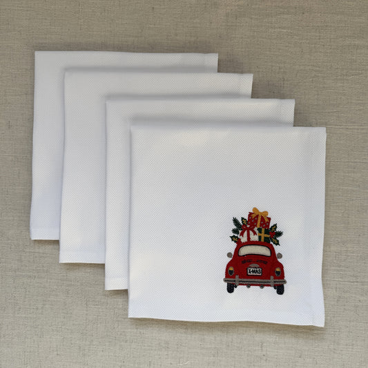 CHRISTMAS CAR – Besticktes Weihnachts-Serviettenset, 4er-Set