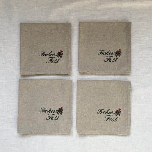 FROHES FEST – Besticktes Leinen-Serviettenset, 4er-Set