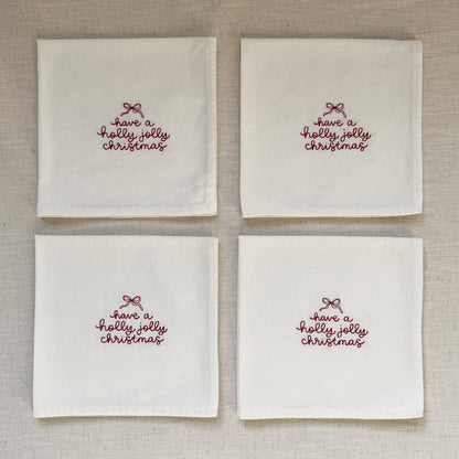 HOLLY JOLLY CHRISTMAS – Besticktes Leinen-Serviettenset, 4er-Set Weiß