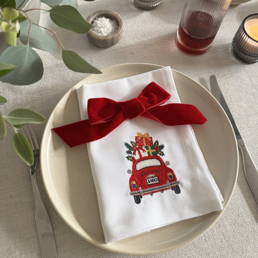 CHRISTMAS CAR – Besticktes Weihnachts-Serviettenset, 4er-Set